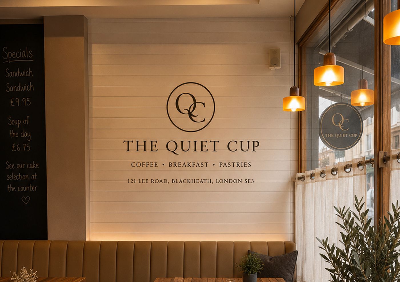 Inside The Quiet Cup — the crest on the wall and window seats
