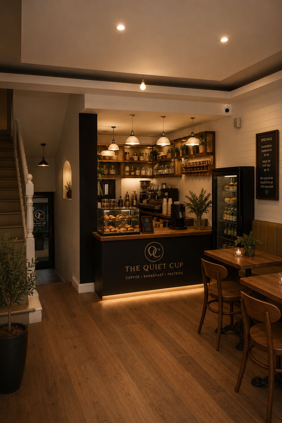 The counter at The Quiet Cup — pastry display, espresso machine and shelves